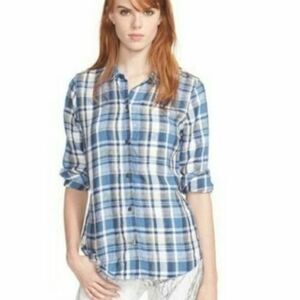 Current Elliott Womens Size Small Blue Plaid Perfect Linen Slim Button Up Shirt